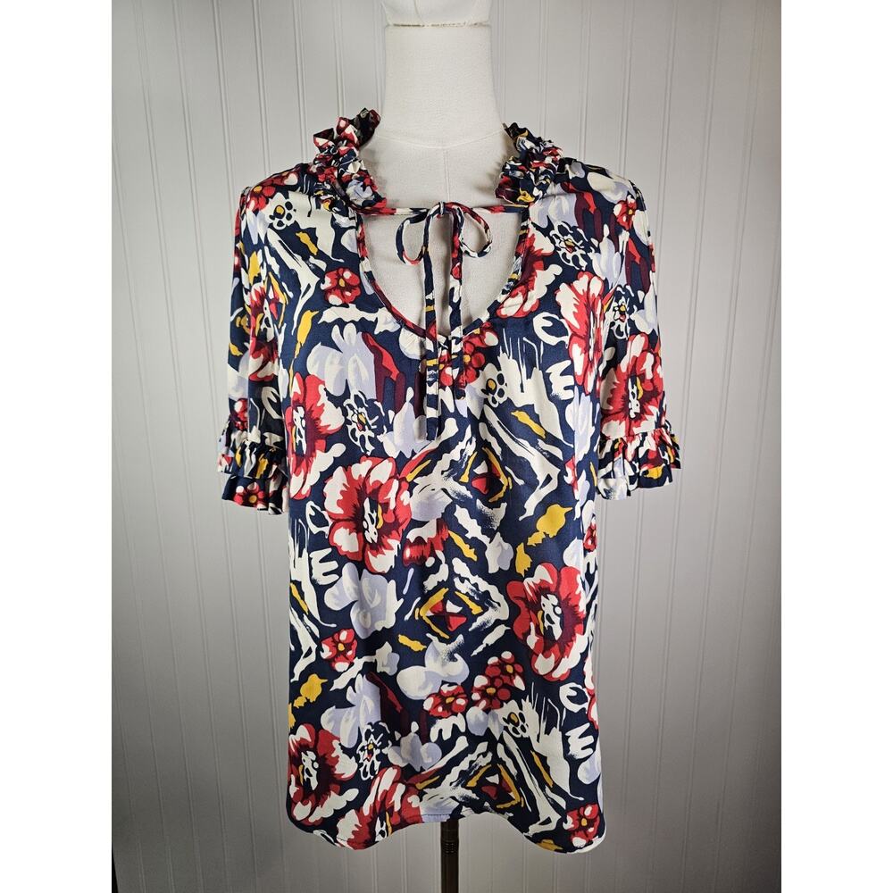 Odille Anthropologie Floral Ruffle Tie Neck Blouse Women's Size 6 Boho Rayon